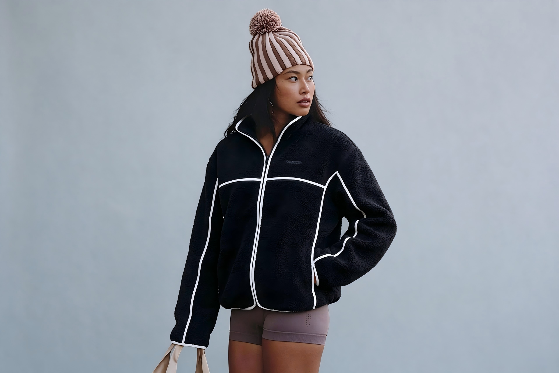 Womens Full Zip Sherpa Fleece Jacket White Piping Stand Collar Warm Teddy Casual Outer Coat - WideWay Sportswear
